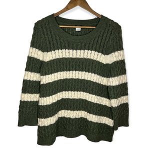 J. Crew 100% Merino Wool Green & Cream Striped Sweater Cozy Cable Knit Large